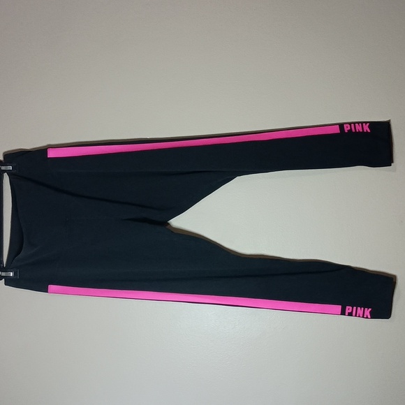 PINK Victoria's Secret Black Leggings with Neon Pink Stripe and PINK Lettering - Picture 2 of 8